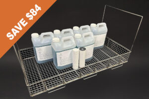 metal shelf with a bunch of bottles on it, part of the EzClean Elite Bundle (PP8000) designed for industrial use and ultrasonic cleaning