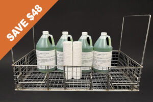 metal basket filled with bottles of liquid for the Music Elite Bundle, suitable for use with an industrial ultrasonic cleaner